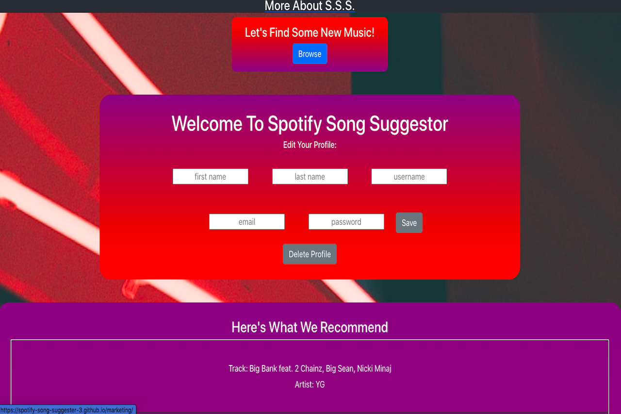 Front page of song suggester app